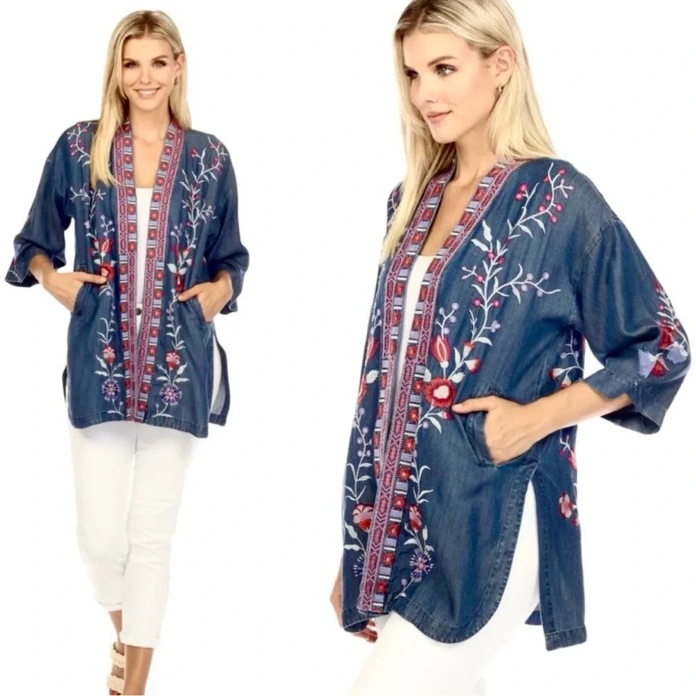 JOHNNY WAS Piper NEW Shirt Tail Kimono Denim Blue Embroidered Floral Size L NEW - Picture 6 of 11